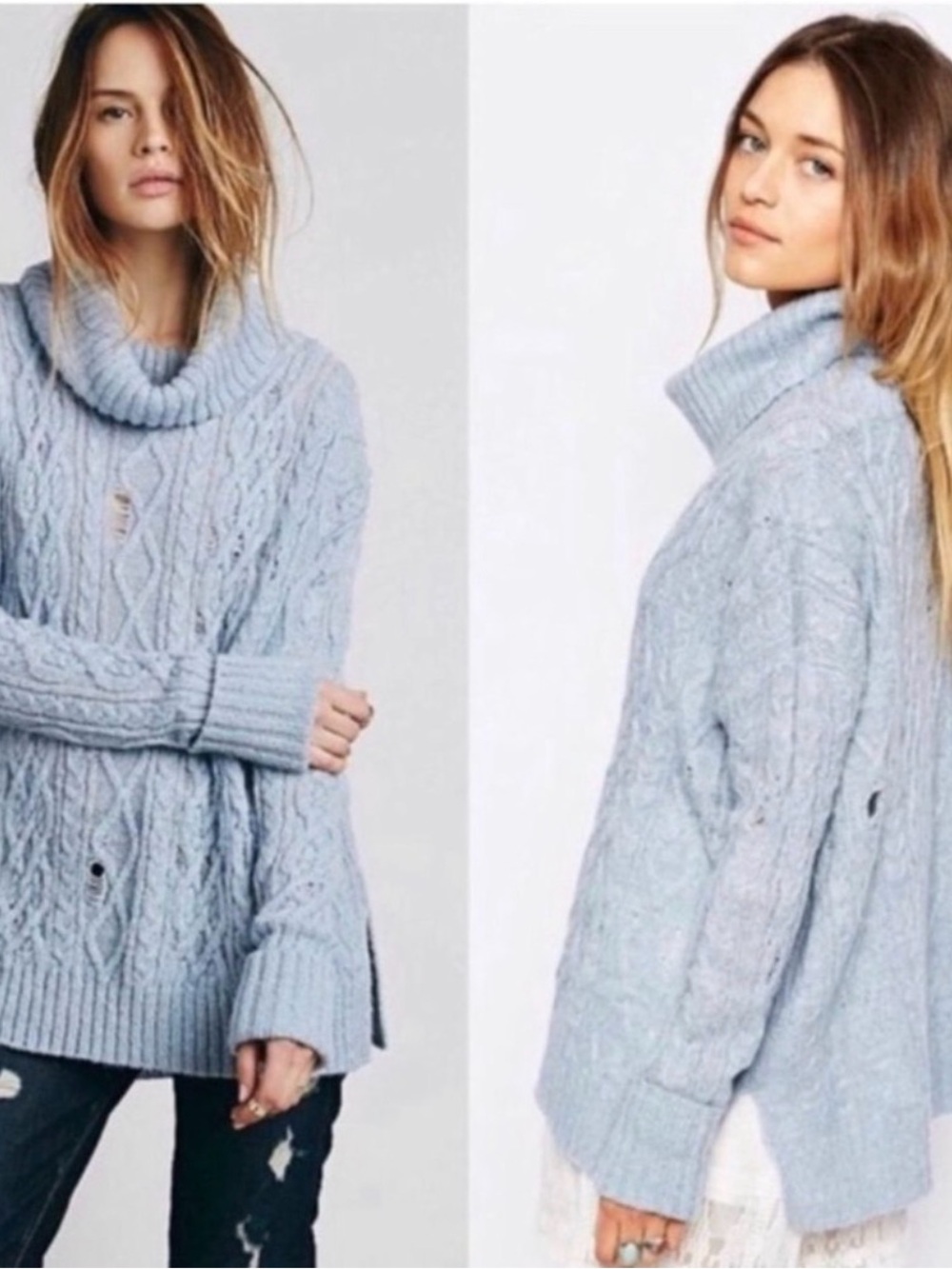 Free People Light Blue Cable-Knit Turtleneck Sweater